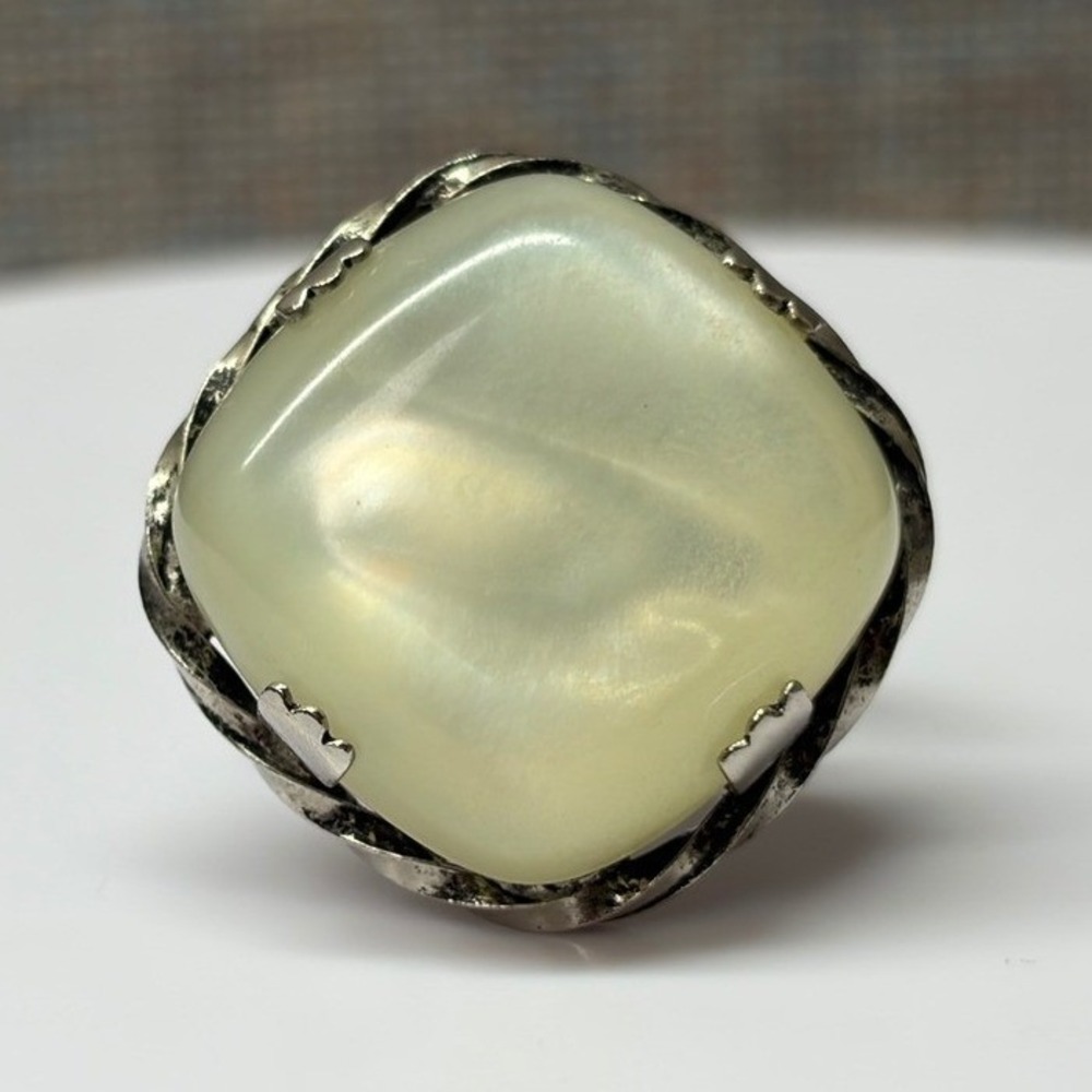 Vintage Signed West Germany Silver Tone Square Faux Moonstone Adjustable Ring